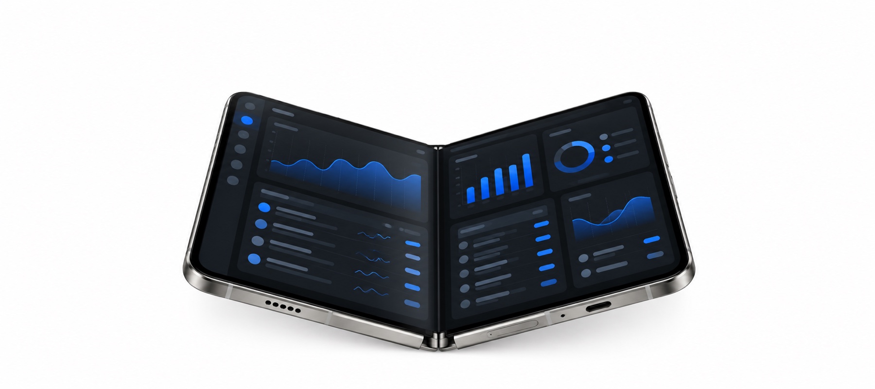 Open foldable device showing a minimal blue developer dashboard, photographed in a white studio